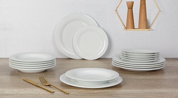 Tallerkensæt m/6 dybe-, 6 frokost- & 6 middagstallerkener, hvid, porcelæn, ORBITO, (18 dele)