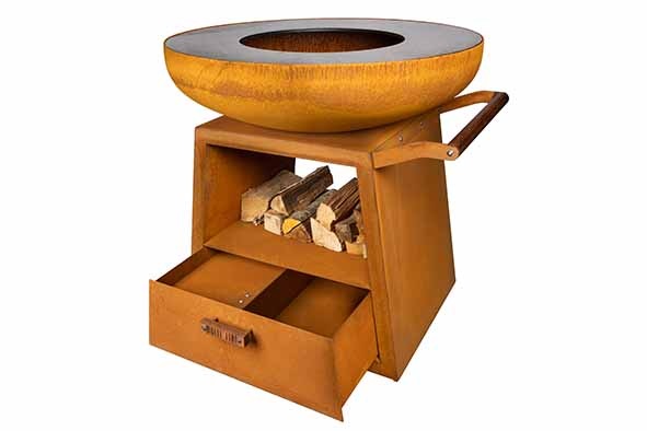 Bålgrill med hjul, skuffe og plads til brænde, rustfarve, cortenstål, White Fire, BARBECUES, (1 stk.)