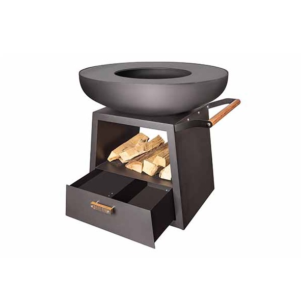 Bålgrill med hjul, skuffe og plads til brænde, sort, cortenstål, White Fire, BARBECUES, (1 stk.)