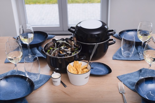 Muslingegryde med låg, sort, rustfrit stål, flere størrelser, (1 stk.)