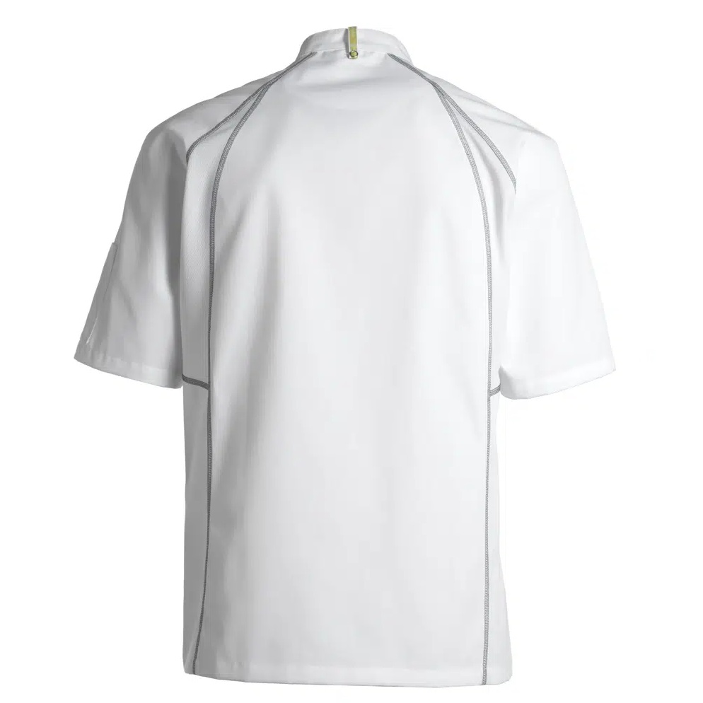 Unisex kokke-/tjenerjakke, hvid m. grå flatlock, 65/35% rPES/CO, Kentaur, fra 2XS til 2XL (1 stk.)