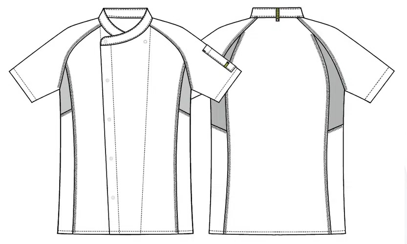 Unisex kokke-/tjenerjakke, hvid m. grå flatlock, 65/35% rPES/CO, Kentaur, fra 2XS til 2XL (1 stk.)