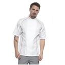 Unisex kokke-/tjenerjakke, hvid m. grå flatlock, 65/35% rPES/CO, Kentaur, fra 2XS til 2XL (1 stk.)