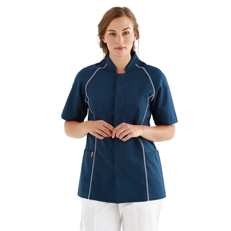 Unisex skjorte, marine m. hvid flatlock, 50/50% CLY/rPES, Kentaur, fra 2XS til 2XL (1 stk.)