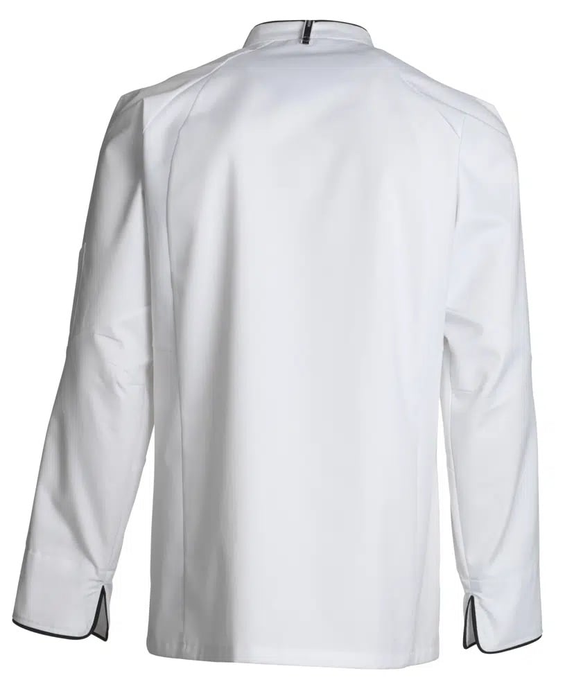 Unisex kokke-/tjenerjakke, hvid m. sort piping, 50/50% CO/PES, Kentaur, fra 2XS til 2XL (1 stk.)