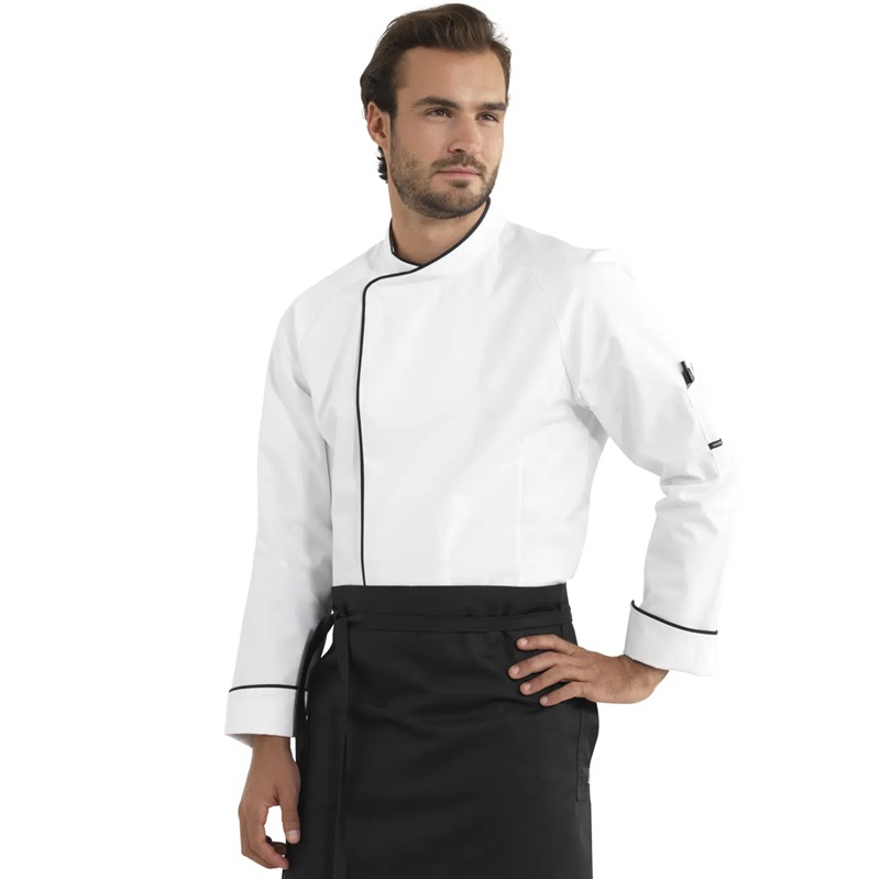 Unisex kokke-/tjenerjakke, hvid m. sort piping, 50/50% CO/PES, Kentaur, fra 2XS til 2XL (1 stk.)