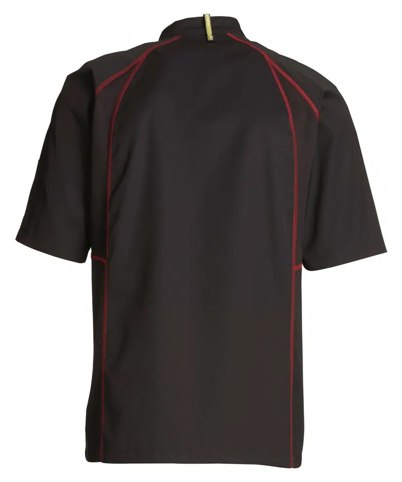 Unisex kokke-/tjenerjakke, sort m. rød flatlock, 65/35% rPES/CO, Kentaur, fra 2XS til 2XL (1 stk.)