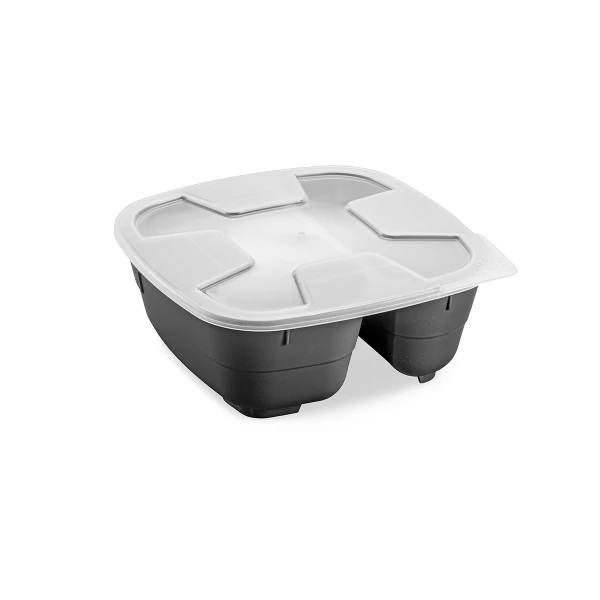 Genanvendelig plastskål m/ låg, 2-rums, 600+400ml, GoodBowl Twin, Thermohauser, (sæt á 5 stk.) 