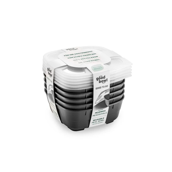 Genanvendelig plastskål m/ låg, 2-rums, 600+400ml, GoodBowl Twin, Thermohauser, (sæt á 5 stk.) 