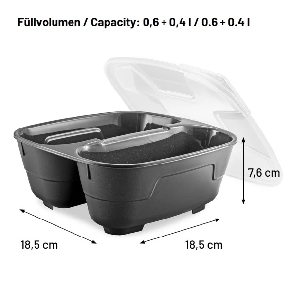 Genanvendelig plastskål m/ låg, 2-rums, 600+400ml, GoodBowl Twin, Thermohauser, (sæt á 5 stk.) 