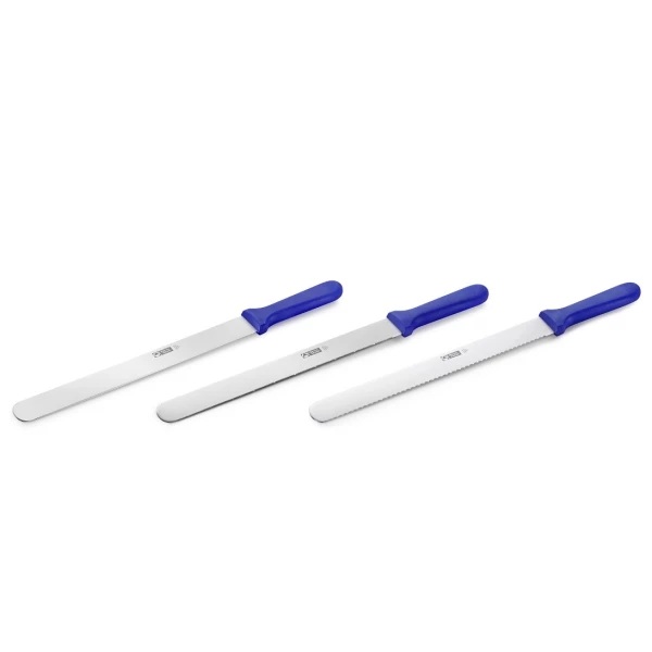 Bagekniv, 31cm, rustfrit stål, enkeltsidet savslibning, blåt plastgreb, Thermohauser, (1 stk.)