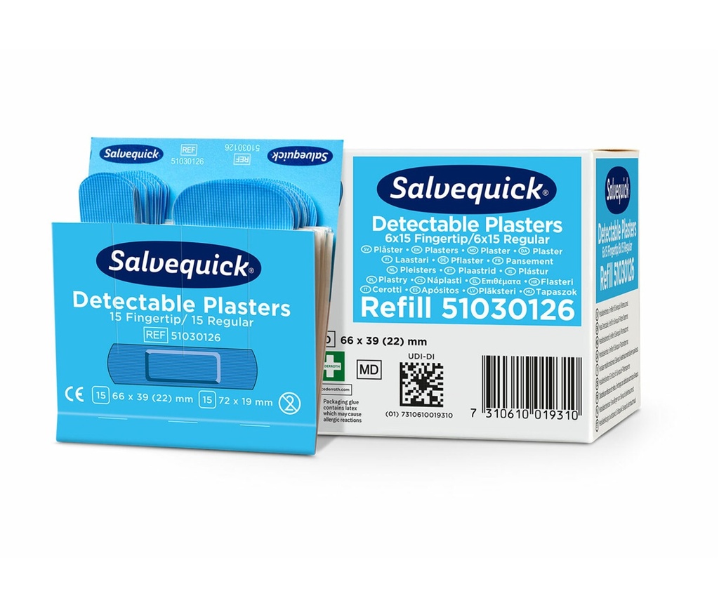 Sporbare fingerspidsplastre/Regular, blå,  Salvequick, Cederroth 51030126, (6x15 stk.)