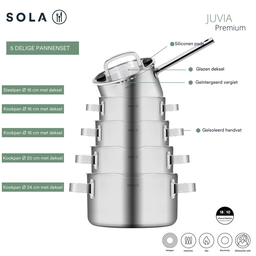 Grydesæt med låg, 5 dele, 18/10 stainless steel, SOLA Juvia, (1 sæt)