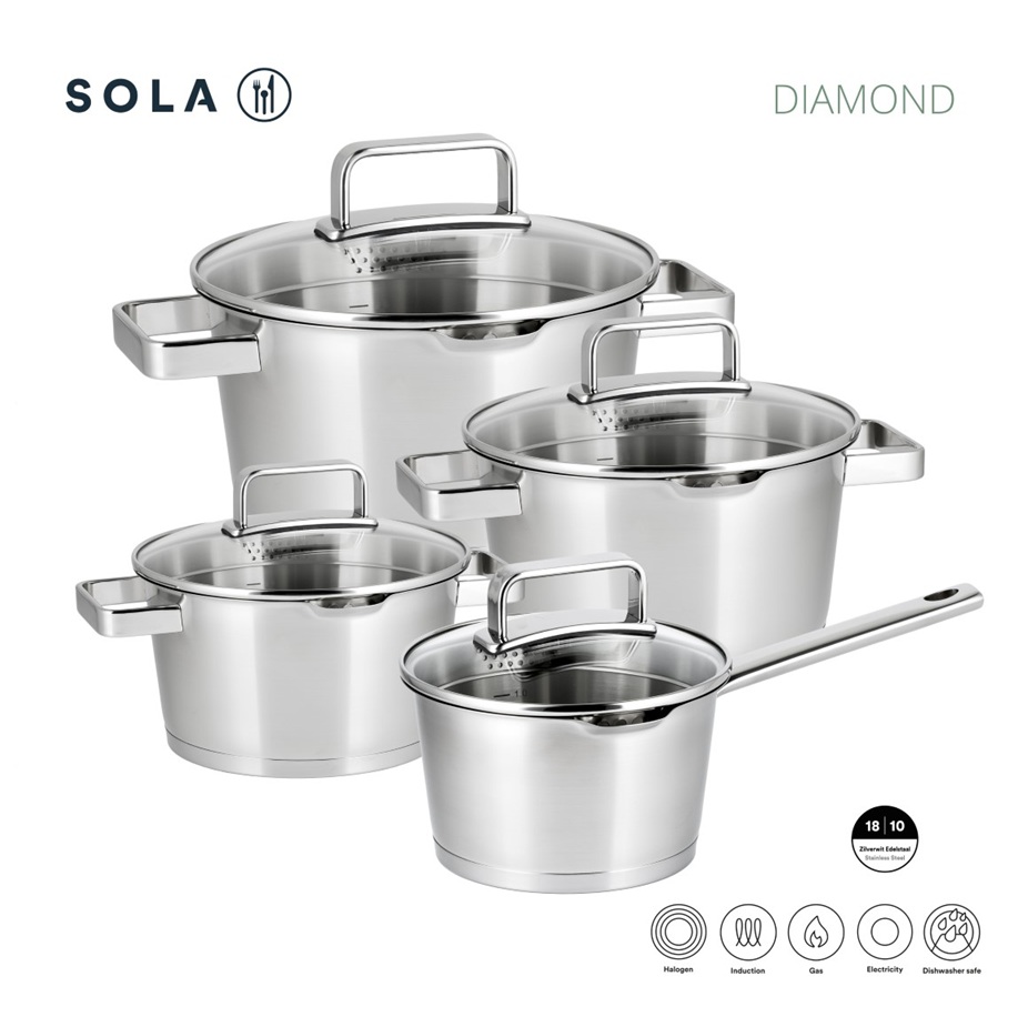 Grydesæt med låg, 4 dele, 18/10 stainless steel, SOLA Diamond, (1 sæt)