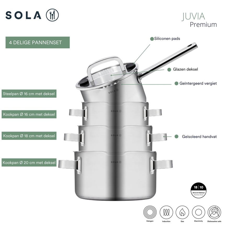 Grydesæt med låg, 4 dele, 18/10 stainless steel, SOLA Juvia, (1 sæt)