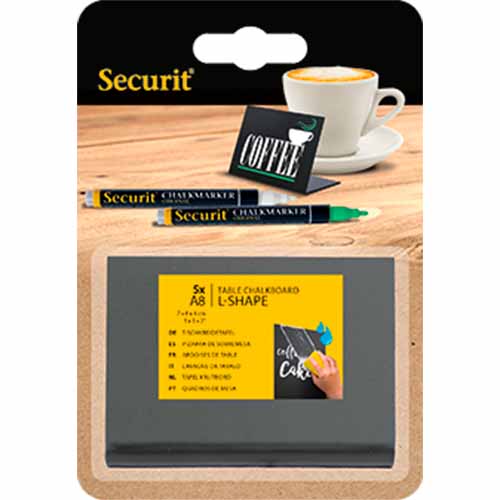 Bordskilt, L-formet, Securit, A8, akryl, sort, (5 stk.)