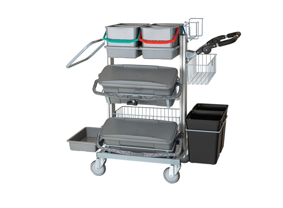 Rengøringsvogn med 2 moppebokse, 4 spande & knækhåndtag, Exclusive Fugt 2, Tina Trolleys