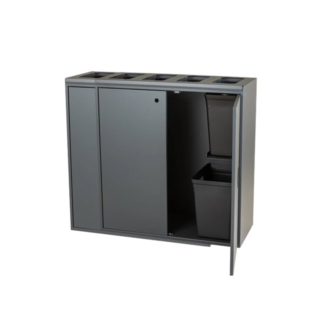 Affaldssystem m/ 5-rum, åben Softclose låg, grå, 3x60 - 20 & 10 ltr, Tina Trolleys