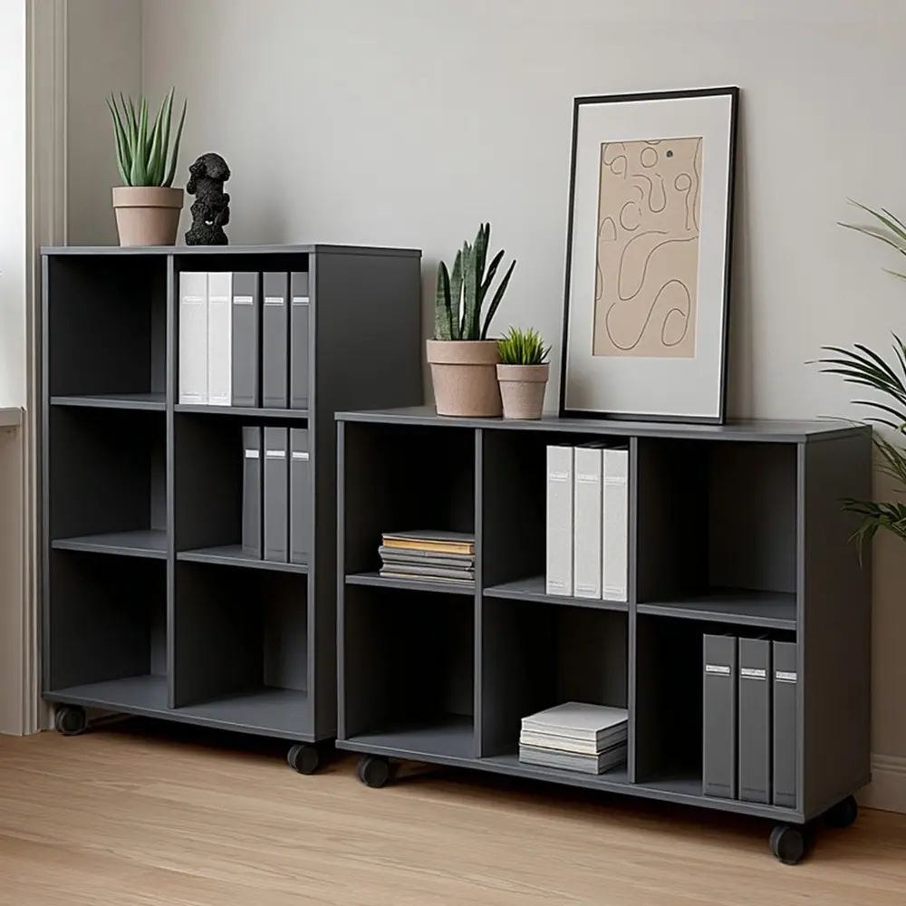 Kontorreol på hjul, 38x78x116cm, 6 rums reol til kontor, EPF, mørkegrå.webp