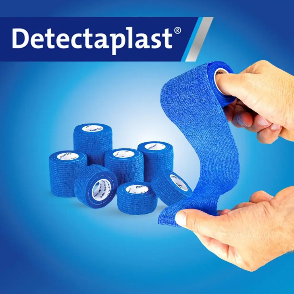 Selvklæbende bandage m pad, blå & detekterbar, 8x12cm, Detectaplast.webp