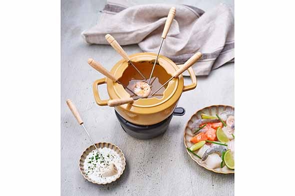 Fonduesæt med 6 fonduegafler, Ø18cm, guld, støbejern, FONTESTIC, (1 sæt)