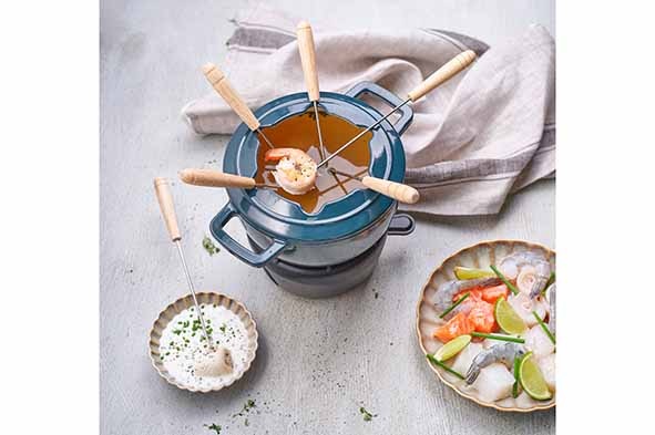 Fonduesæt med 6 fonduegafler, Ø18cm, mørkegrøn, støbejern, FONTESTIC, (1 sæt)