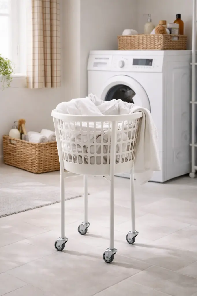 Vasketøjskurv på hjul, 32 ltr, rund, 80cm, 4 ben, Tina Trolleys.webp