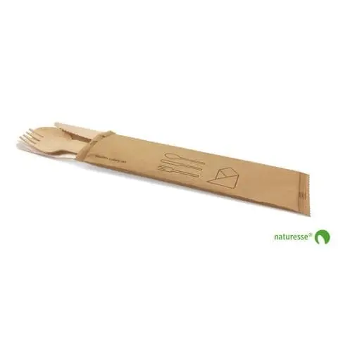 Bestiksæt, 4, Træ, kniv-gaffel-spiseske-serviet, wrapped, natur, Naturesse.webp