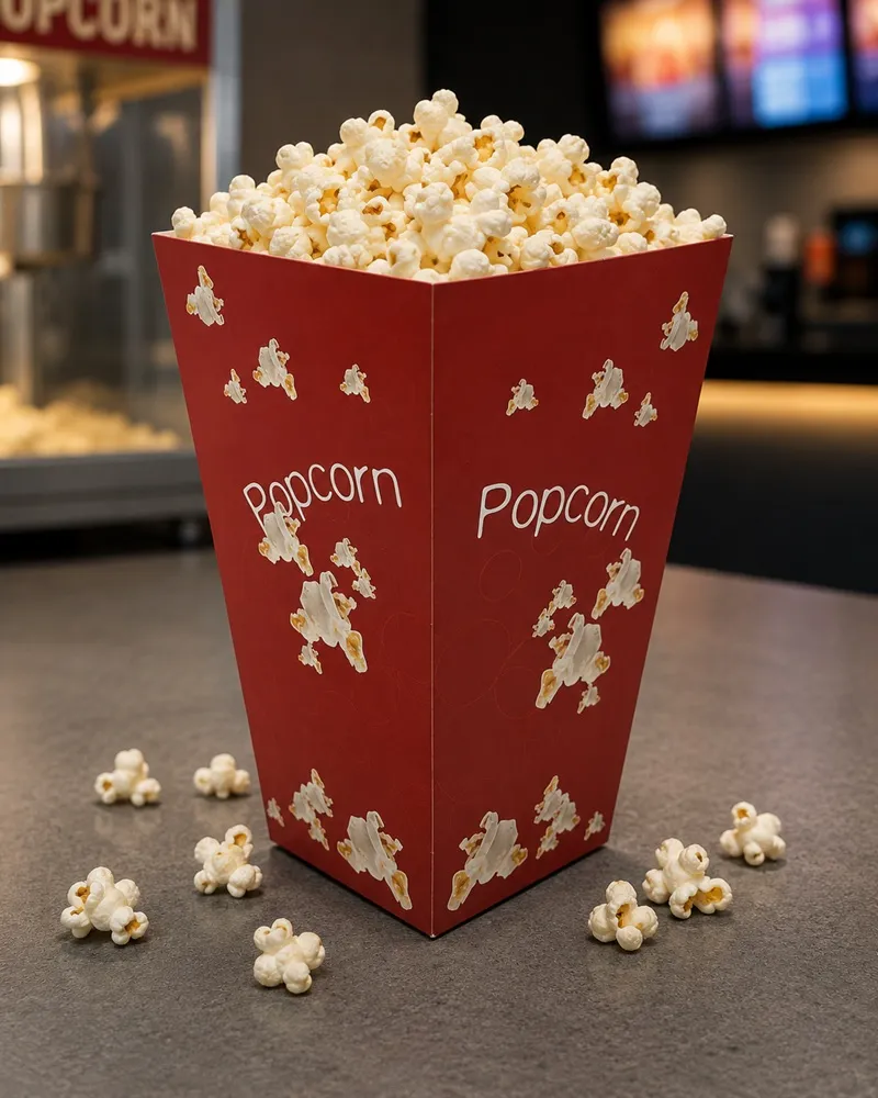 Rød popcornbæger med hvide popcorn.webp