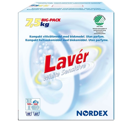 [19295] Vaskepulver, Lavér, White Sensitive, Svanemærket, 7,5 kg, (1 stk.)