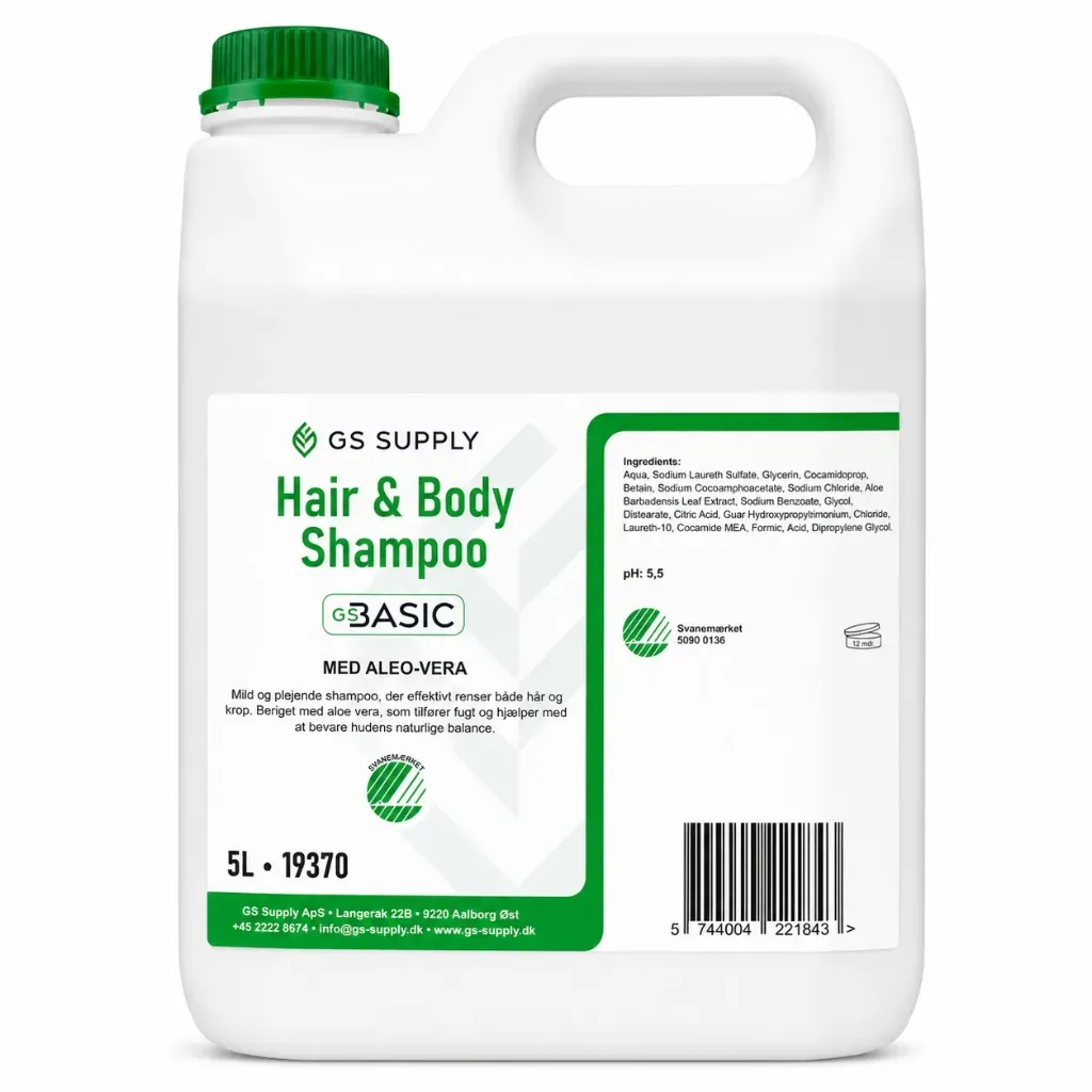 [19370] Hår og bodyshampoo, Aloe Vera, GS-Basic, Svanemærket, uden farve og parfume, 5-liter (1 stk.)