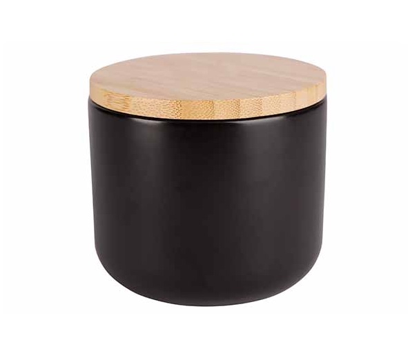 Skål med låg, Ø10x8,7cm, sort og træ, stentøj, BLACK&WOOD, (1 stk.)