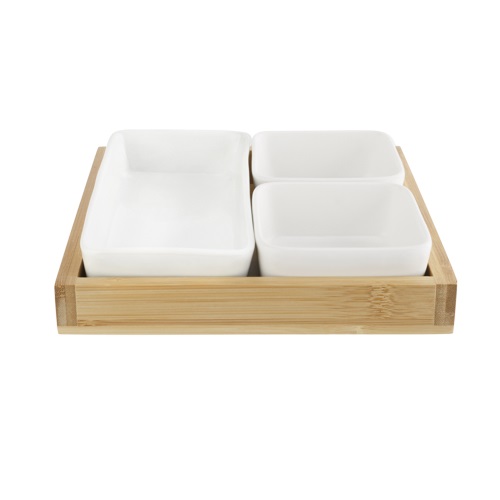 Serveringsbakke m. 3 serveringsskåle, i træ, 19,4x19,4x2,5cm, (1 sæt)