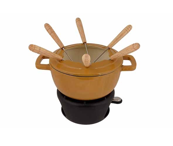 Fonduesæt med 6 fonduegafler, Ø18cm, guld, støbejern, FONTESTIC, (1 sæt)