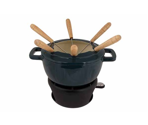 Fonduesæt med 6 fonduegafler, Ø18cm, mørkegrøn, støbejern, FONTESTIC, (1 sæt)