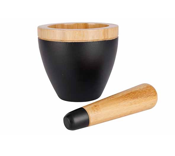 [21061] Morter og støder, bambus, sort og træ, Ø13x11,5cm, BLACK&WOOD, (1 stk.)