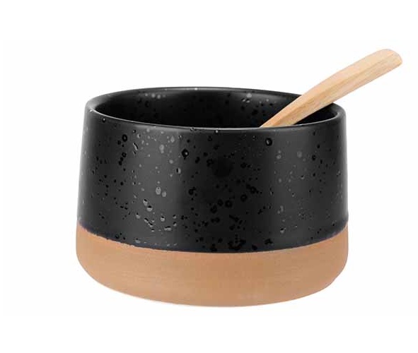 Skål med ske, til tapas og snacks, stentøj, rund, Ø9,5x5,5cm, sort/brun, DELA, (24 stk.)