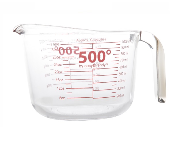 [21289] Målebæger i glas, 1l, Ø14,5x12cm, tåler op til 500grader, (1 stk.)