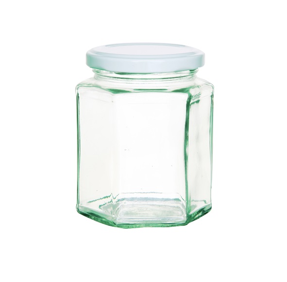[21578] Opbevaringsglas med låg, 324ml, hexagon-form, glas/metal, hvidt låg, (12 stk.)