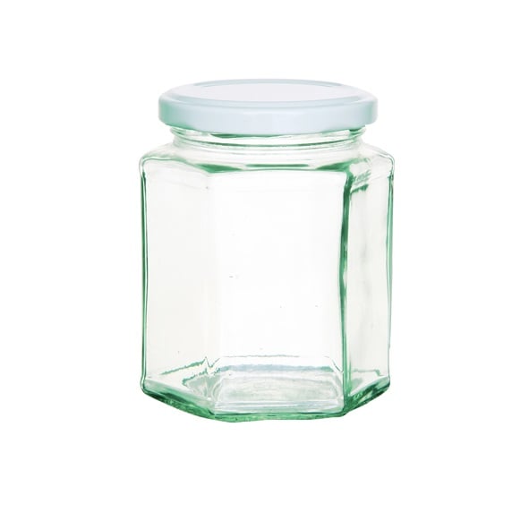 [21578] Opbevaringsglas med låg, 324ml, hexagon-form, glas/metal, hvidt låg, (12 stk.)