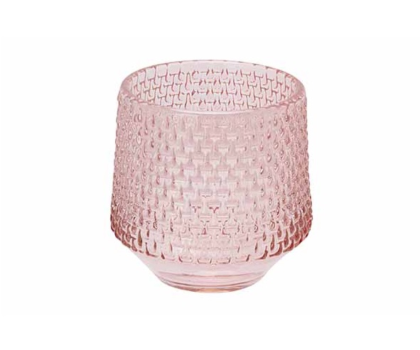 Fyrfadslysholder, Ø8x8x7cm, pink/lyserød, glas med tekstur, (6 stk.)