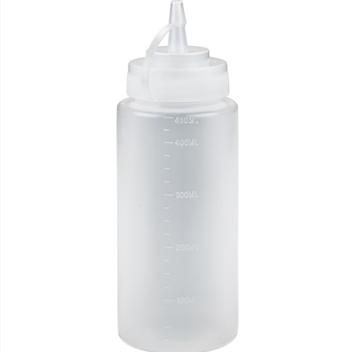 [21729] Dressingflaske inkl. låg, 450 ml, klar, PE/PP, med mål, (6 stk.)