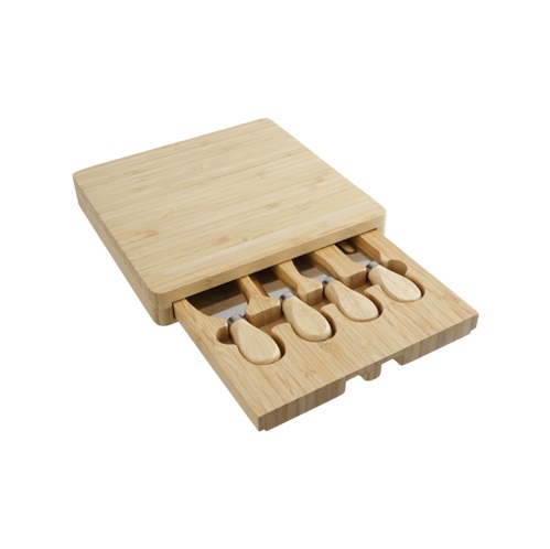 Ostebræt med 3 osteknive og 1 gaffel, 23x23x3,5cm, bambus, (1 sæt)