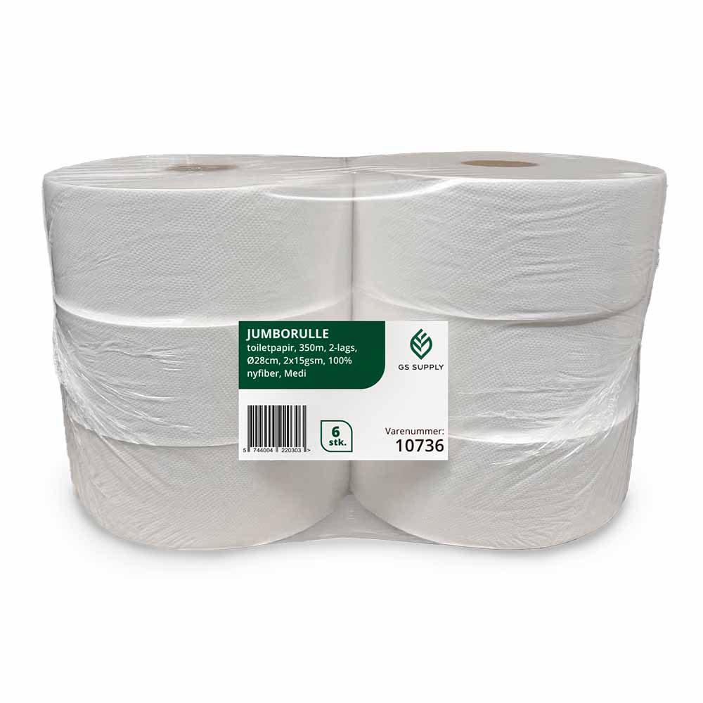[10736] Jumborulle, toiletpapir, GS-Basic, 2-lags, Medi, 350m x 9 cm, Ø26 cm, hvid, 100% nyfiber, (6 stk.)