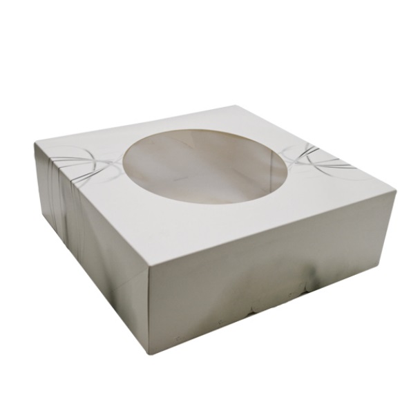 Kageæske, hængslet låg, S-Line, 33x33x11,5cm, pap, med rude, i PLA og åben front, (80 stk.)