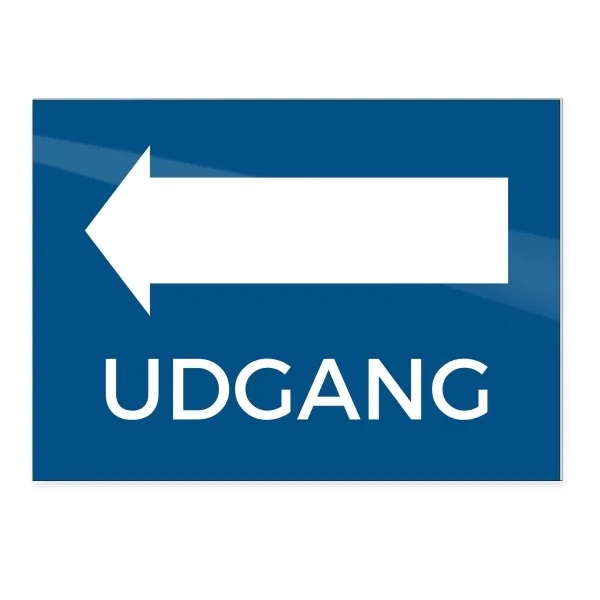 Skilt, "Udgang" pil venstre, 18x13cm, aluminium, blå, (1 stk.)