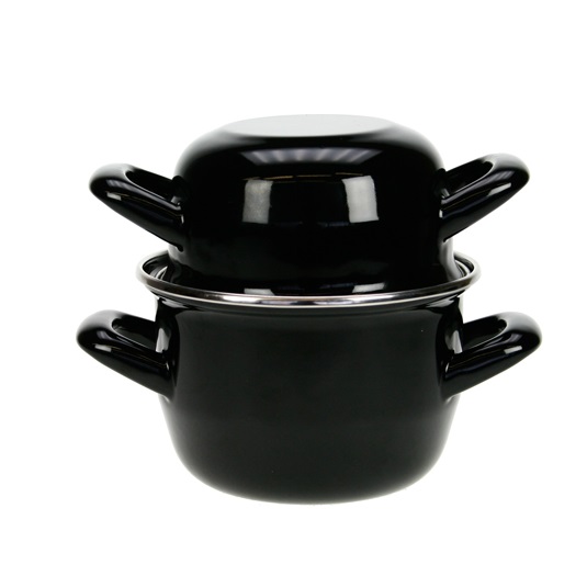 Muslingegryde med låg, sort, rustfrit stål, flere størrelser, (1 stk.)