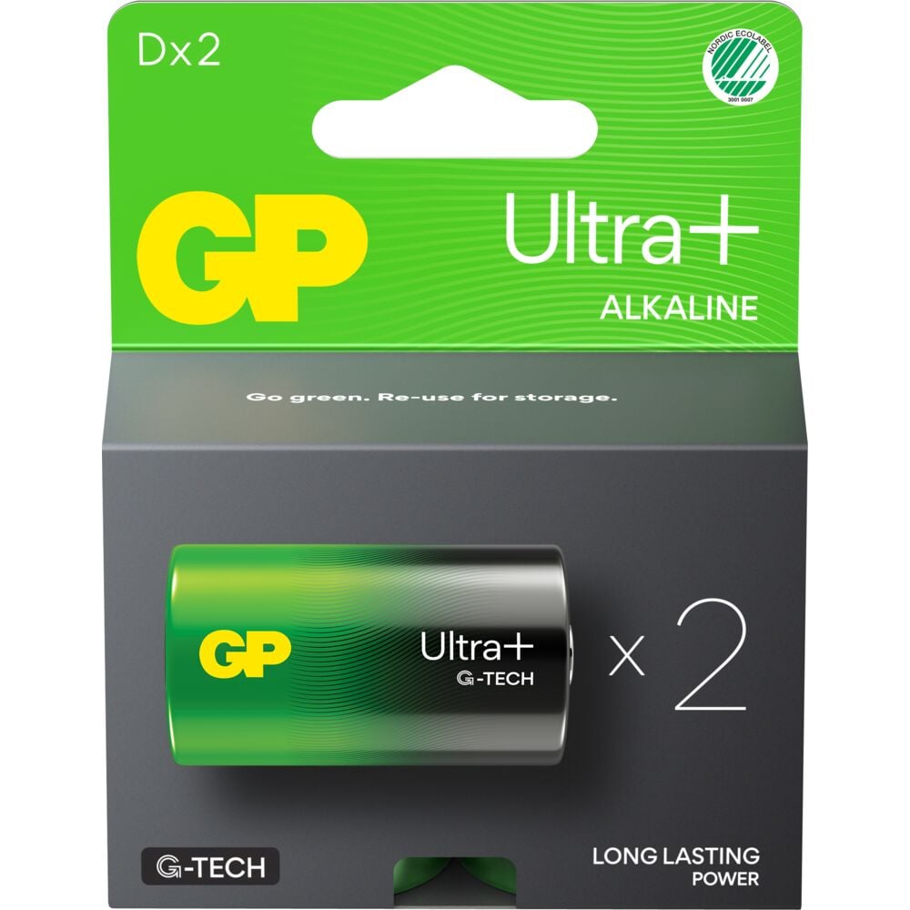 [10718] Batteri, GP Ultra Plus, Alkaline, D, 1,5V, (2 stk.)