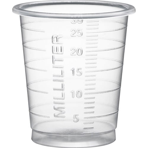 [10713] Medicinbæger, PP, Eco, 4,2cm, Ø3,8cm, 30 ml, transparent, med graduering, (4800 stk.)
