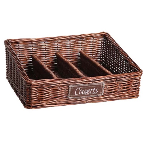 Bestikbakke med 4 rum, 34x28x7-12cm, brun flet, (1 stk.)